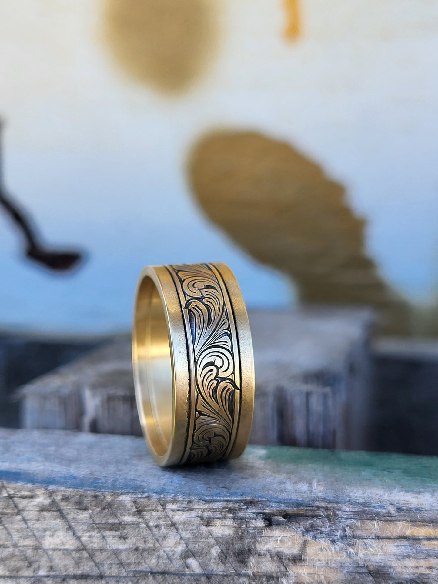 The Tyler: 8mm, 10K, 14K or 18K Yellow Gold Men's Western Wedding Band, Custom Engraved Initial, Hand-Engraved Cowboy Wedding Ring, Men's Engraved Wedding Band, 8mm Wedding Band for Men, Yellow Gold Men's Ring