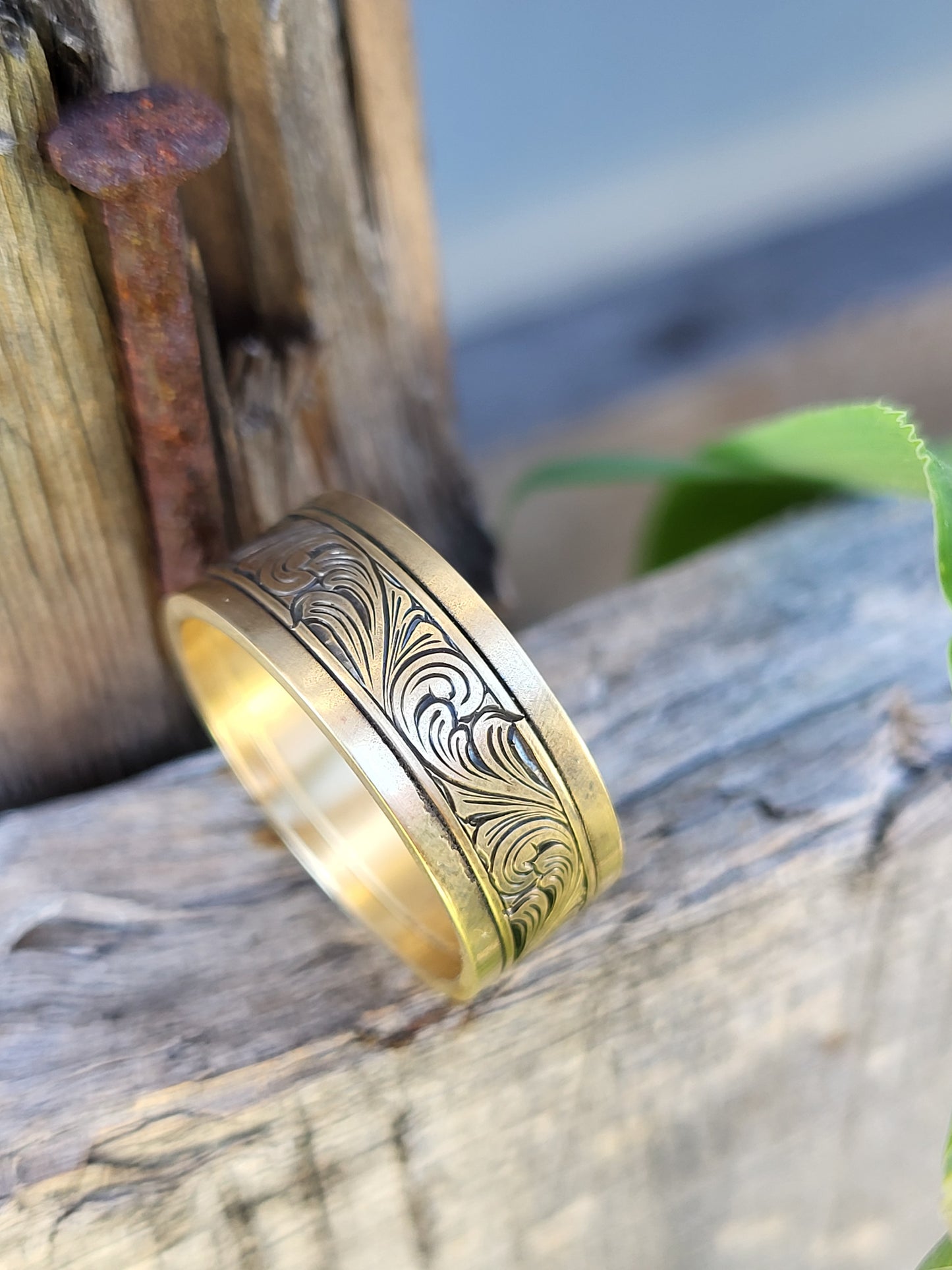 The Tyler: 8mm, 10K, 14K or 18K Yellow Gold Men's Western Wedding Band, Custom Engraved Initial, Hand-Engraved Cowboy Wedding Ring, Men's Engraved Wedding Band, 8mm Wedding Band for Men, Yellow Gold Men's Ring