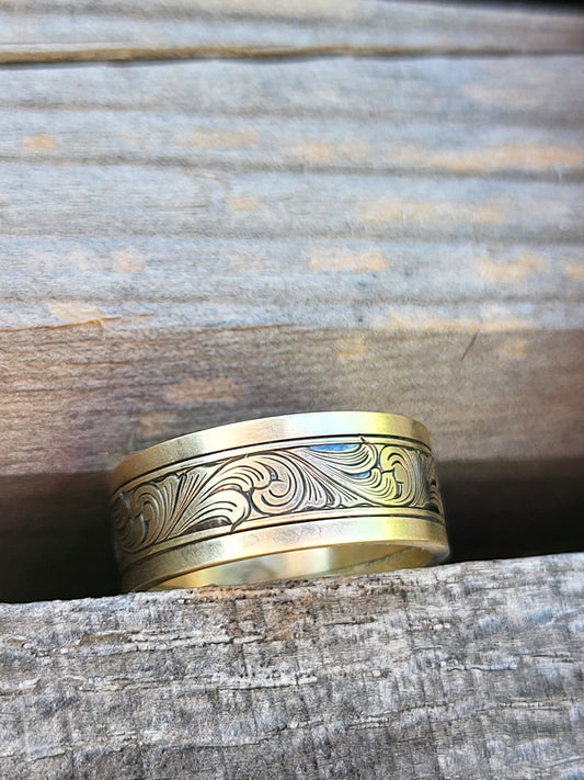 The Tyler: 8mm, 10K, 14K or 18K Yellow Gold Men's Western Wedding Band, Custom Engraved Initial, Hand-Engraved Cowboy Wedding Ring, Men's Engraved Wedding Band, 8mm Wedding Band for Men, Yellow Gold Men's Ring