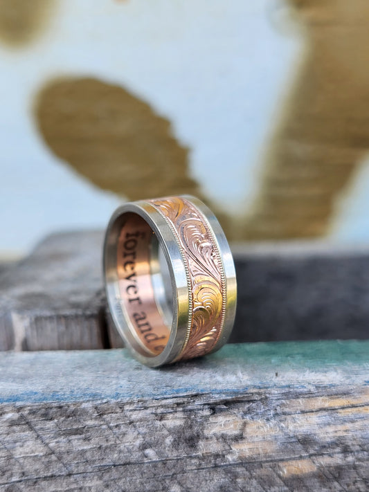 The Matthew: 10mm Wide Men's Wedding Band, Rose Gold and White Gold Ring, Hand Engraved, Western Gift for him