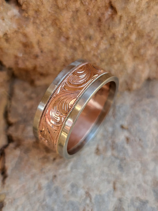 The Matthew: 10mm Wide Men's Wedding Band, Rose Gold and White Gold Ring, Hand Engraved, Western Gift for him