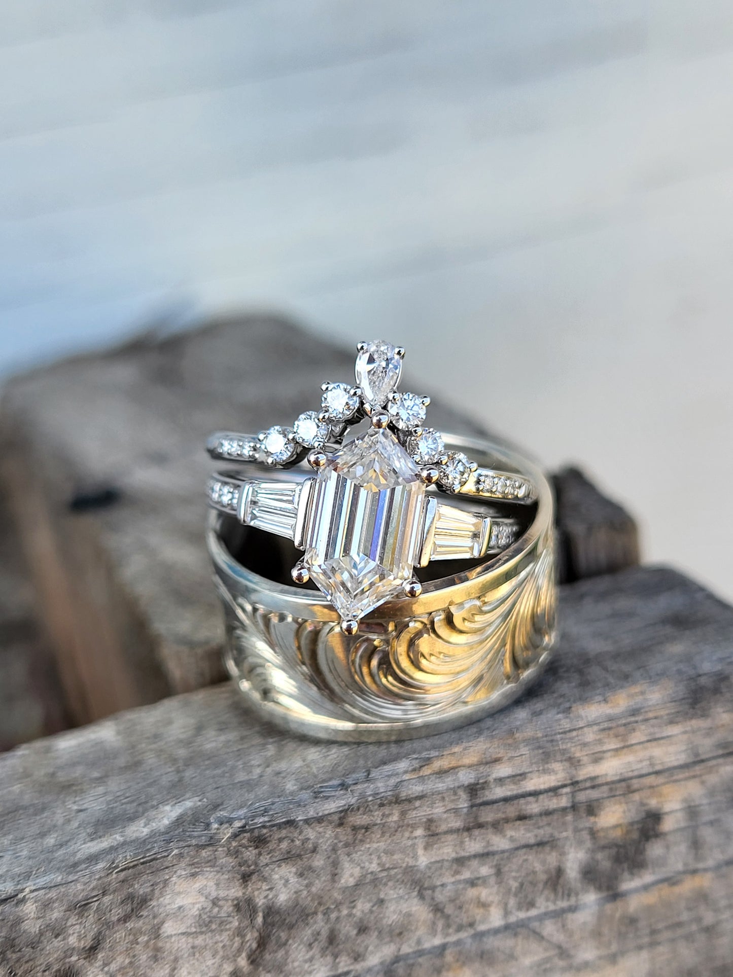 The Etta: 2ct Lab Diamond Elongated Hexagon Engagement Ring, Western Engagement Ring with Duchess Step Cut Center, Classic Engagement Ring, White Gold Ring with Hexagon Center