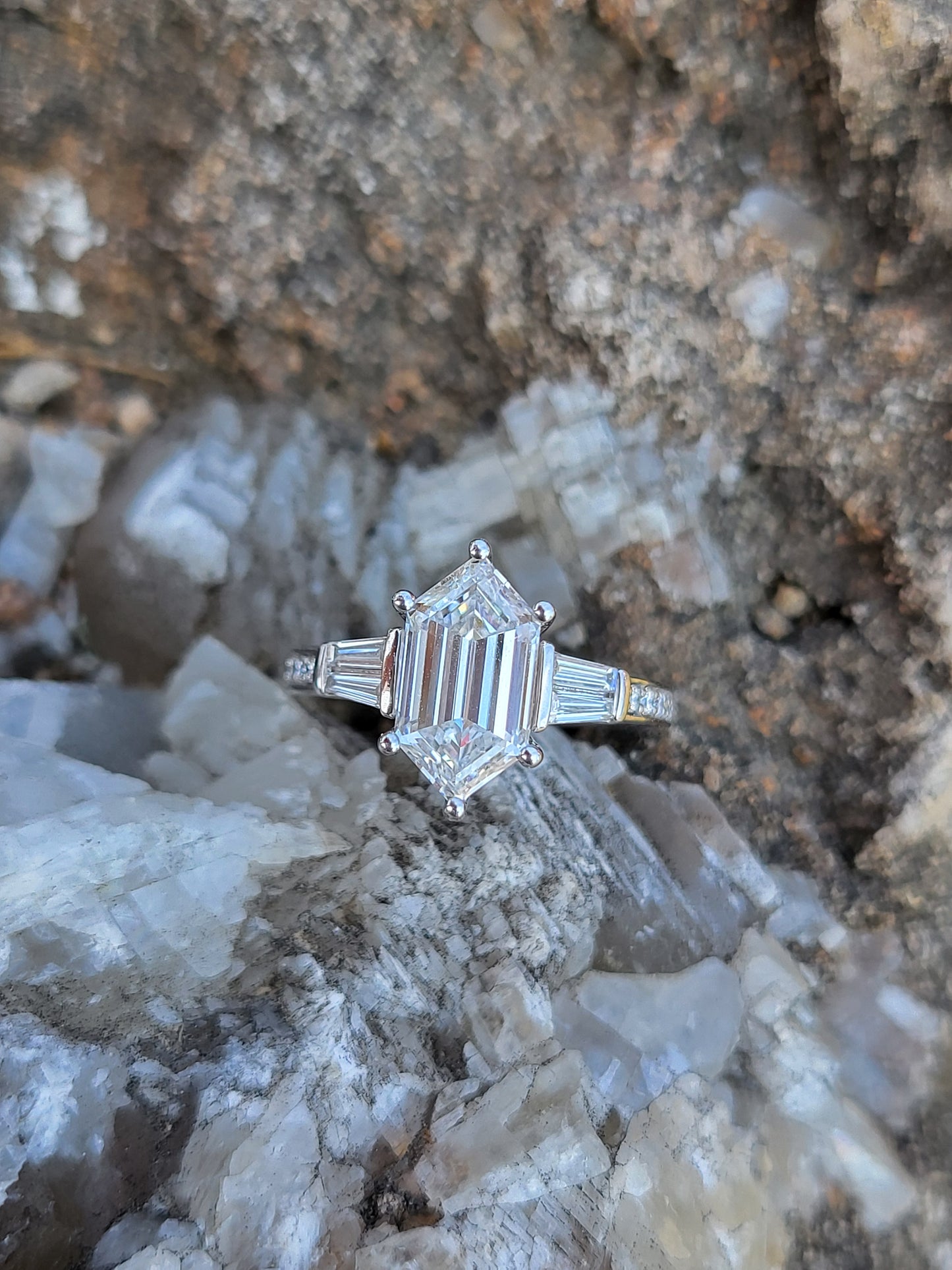 The Etta: 2ct Lab Diamond Elongated Hexagon Engagement Ring, Western Engagement Ring with Duchess Step Cut Center, Classic Engagement Ring, White Gold Ring with Hexagon Center