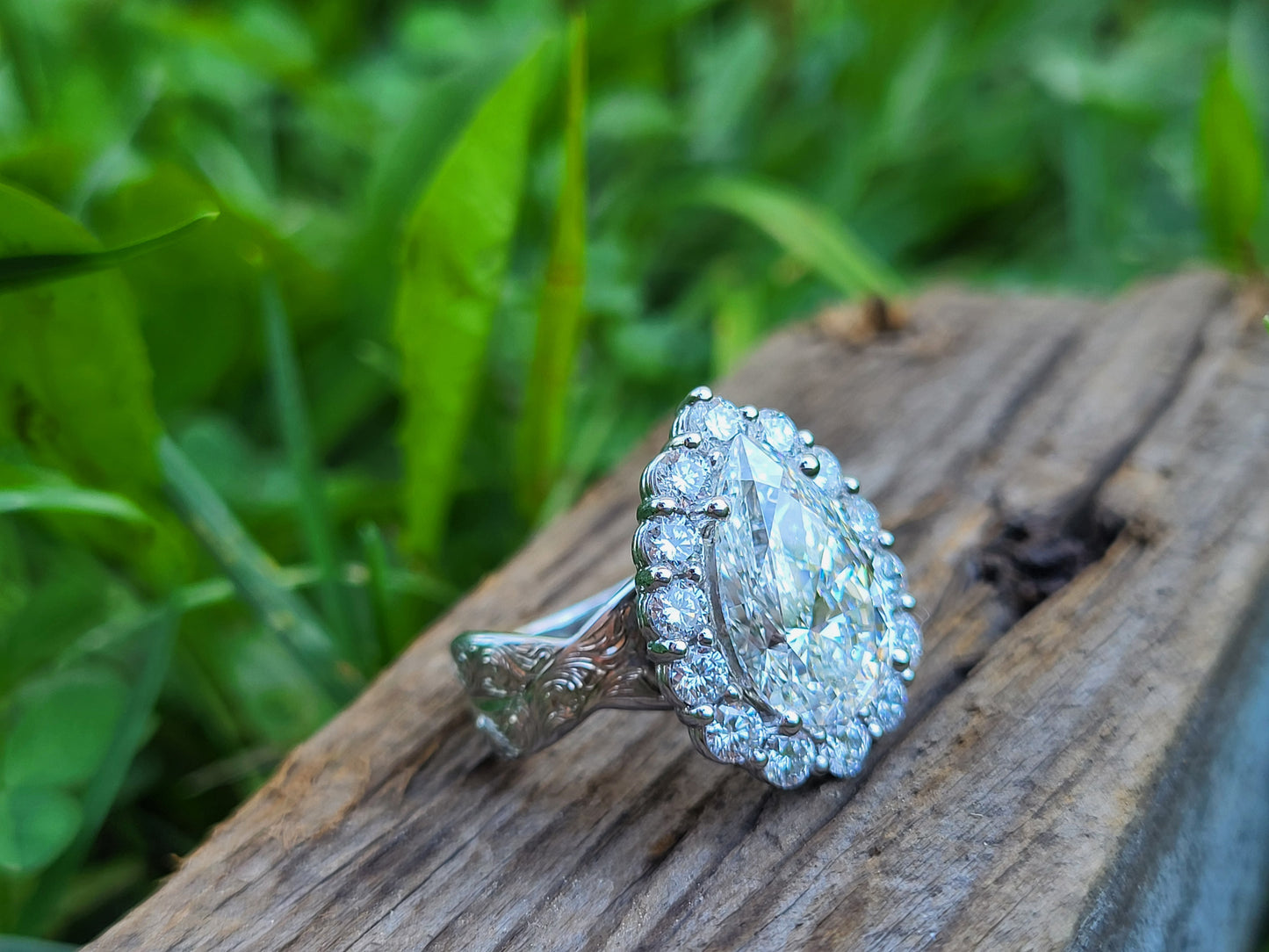 The Juniper: 7mm, 5ct Ring with Twisted Hand-Engraved Band, Pear with Halo Engagement Ring, Western Engagement/Cocktail Ring for Her, Hand-Engraved Western Ring
