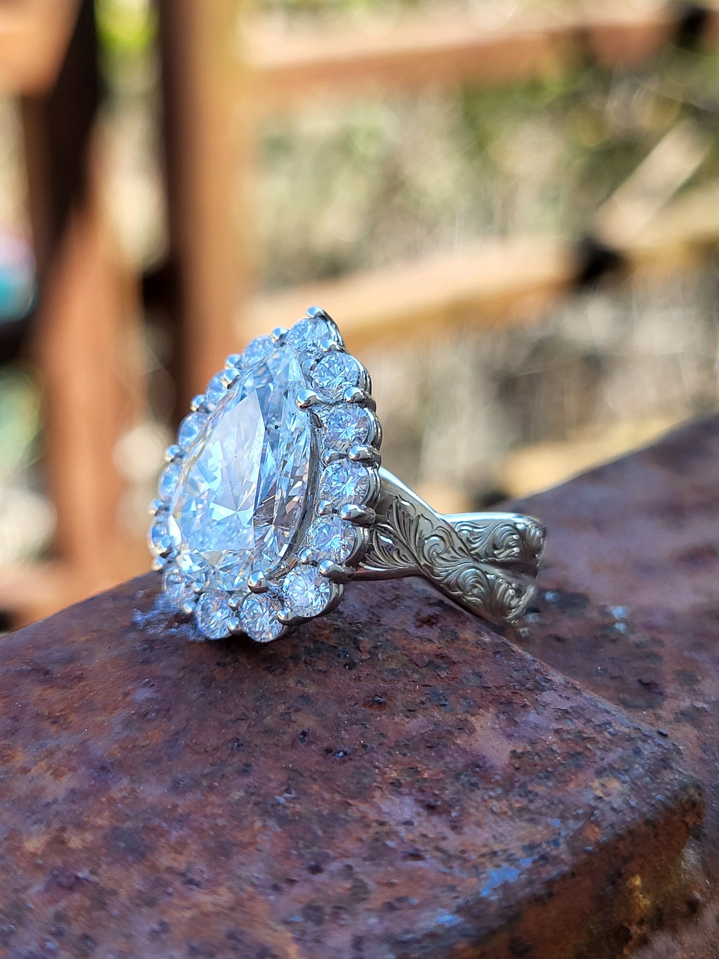 The Juniper: 7mm, 5ct Ring with Twisted Hand-Engraved Band, Pear with Halo Engagement Ring, Western Engagement/Cocktail Ring for Her, Hand-Engraved Western Ring