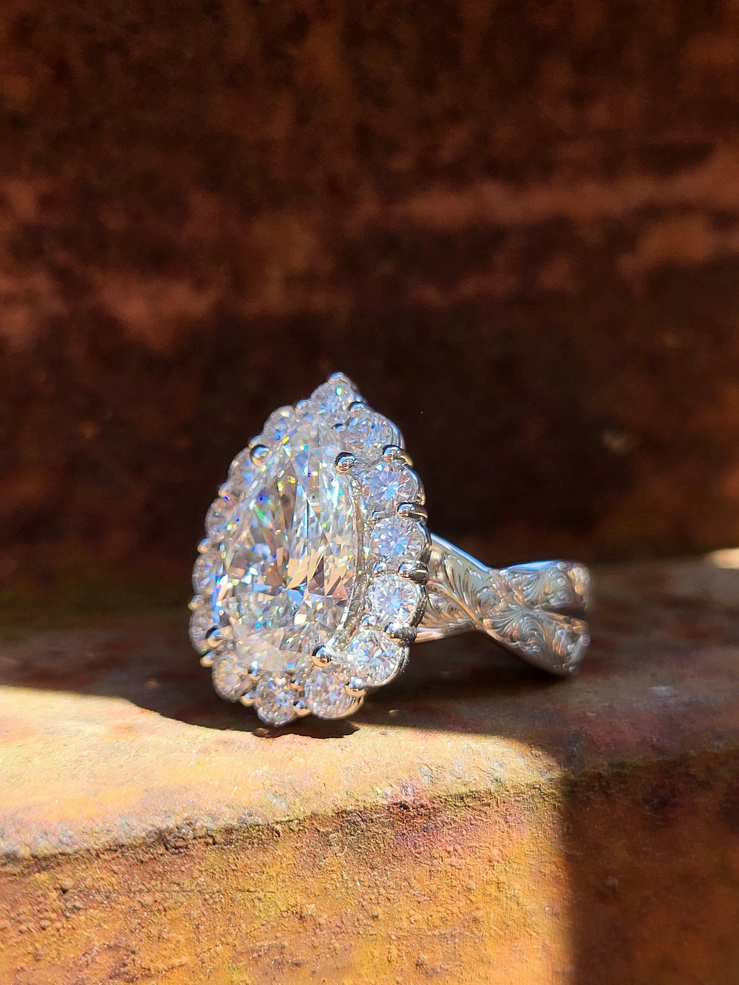The Juniper: 7mm, 5ct Ring with Twisted Hand-Engraved Band, Pear with Halo Engagement Ring, Western Engagement/Cocktail Ring for Her, Hand-Engraved Western Ring