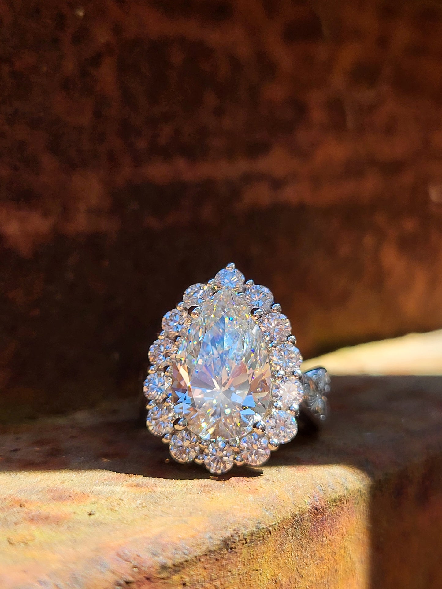 The Juniper: 7mm, 5ct Ring with Twisted Hand-Engraved Band, Pear with Halo Engagement Ring, Western Engagement/Cocktail Ring for Her, Hand-Engraved Western Ring