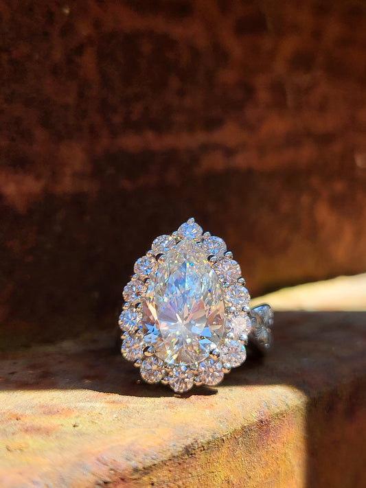 The Juniper: 7mm, 5ct Ring with Twisted Hand-Engraved Band, Pear with Halo Engagement Ring, Western Engagement/Cocktail Ring for Her, Hand-Engraved Western Ring