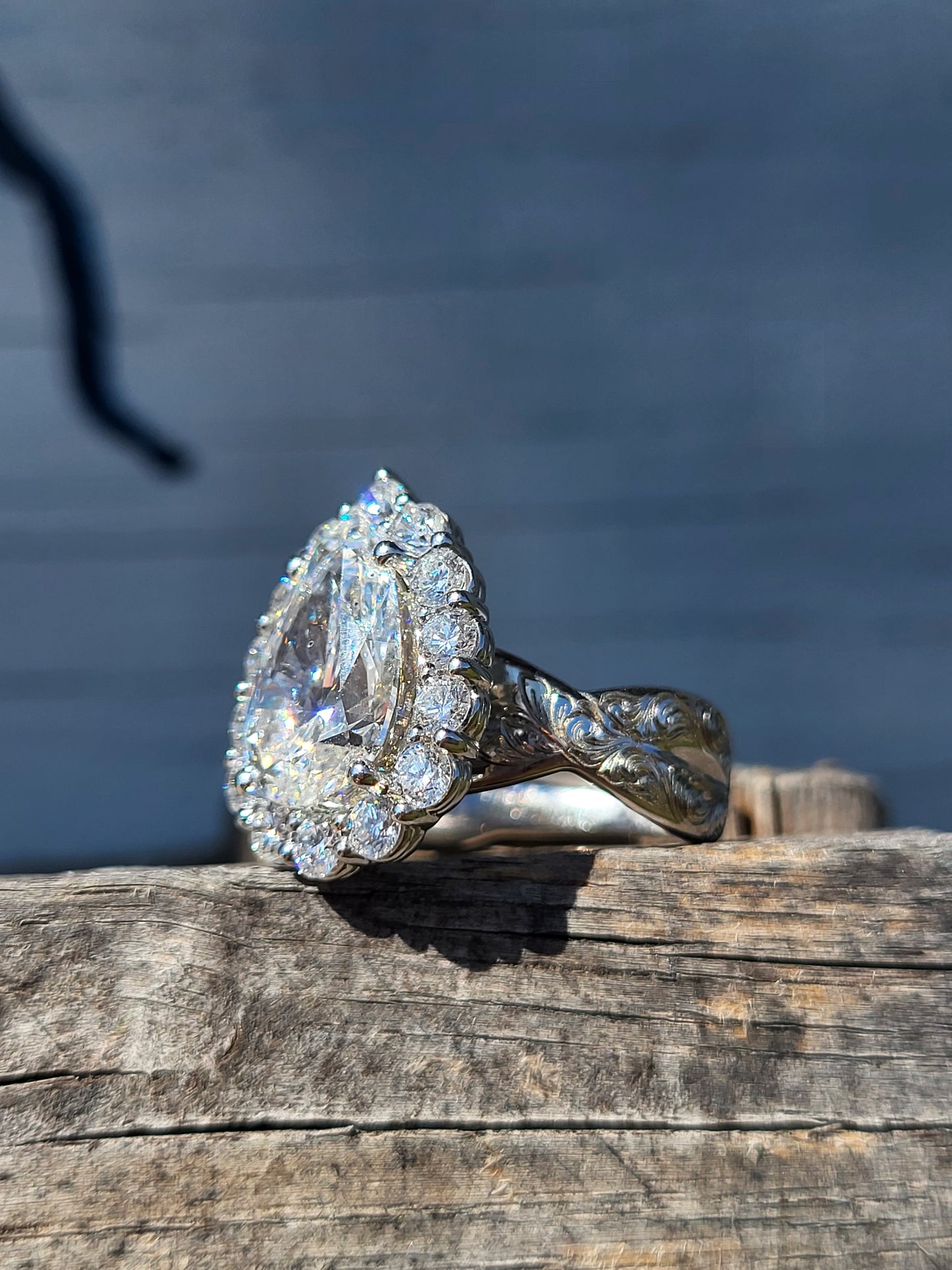The Juniper: 7mm, 5ct Ring with Twisted Hand-Engraved Band, Pear with Halo Engagement Ring, Western Engagement/Cocktail Ring for Her, Hand-Engraved Western Ring