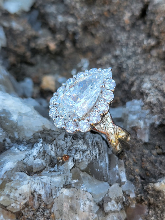 The Juniper: 7mm, 5ct Ring with Twisted Hand-Engraved Band, Pear with Halo Engagement Ring, Western Engagement/Cocktail Ring for Her, Hand-Engraved Western Ring