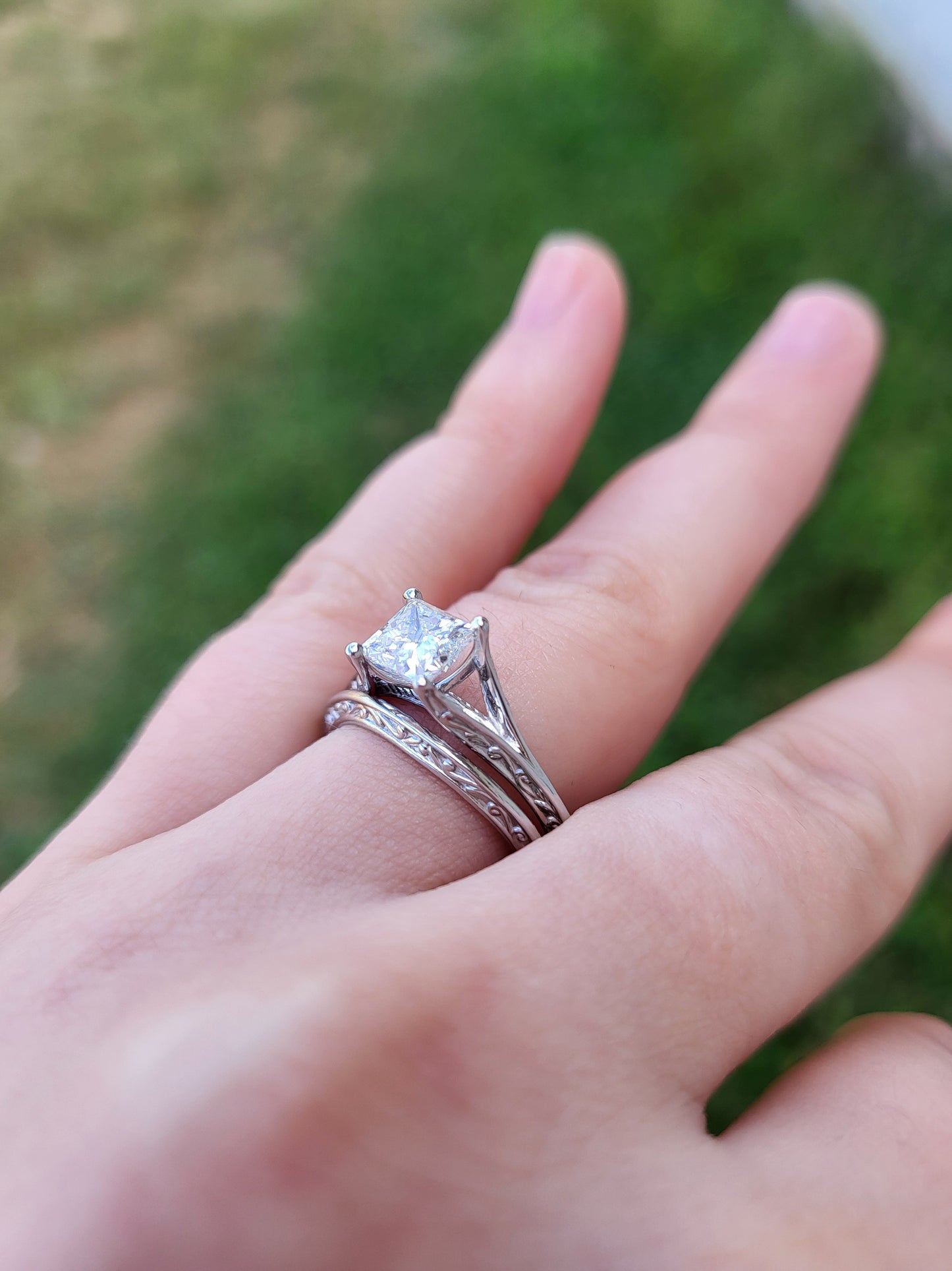 The Chelsea: White Gold or Sterling Silver Scroll-Style Ring With 1ct Princess Cut Moissanite or CZ, Western Engagement Ring, Western Wedding Band, Cowgirl Ring, Rope Detail Engagement Ring