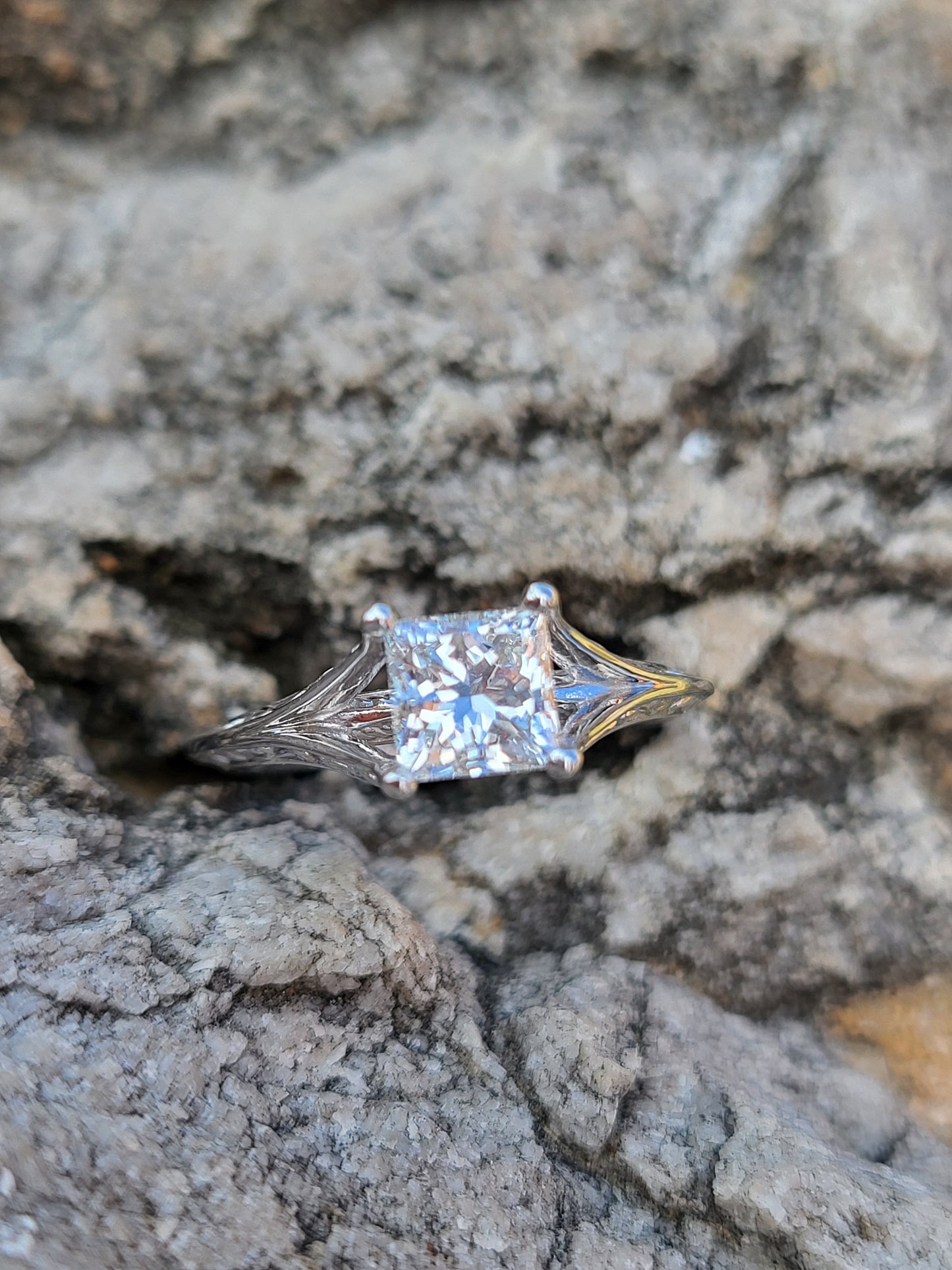 The Chelsea: White Gold or Sterling Silver Scroll-Style Ring With 1ct Princess Cut Moissanite or CZ, Western Engagement Ring, Western Wedding Band, Cowgirl Ring, Rope Detail Engagement Ring