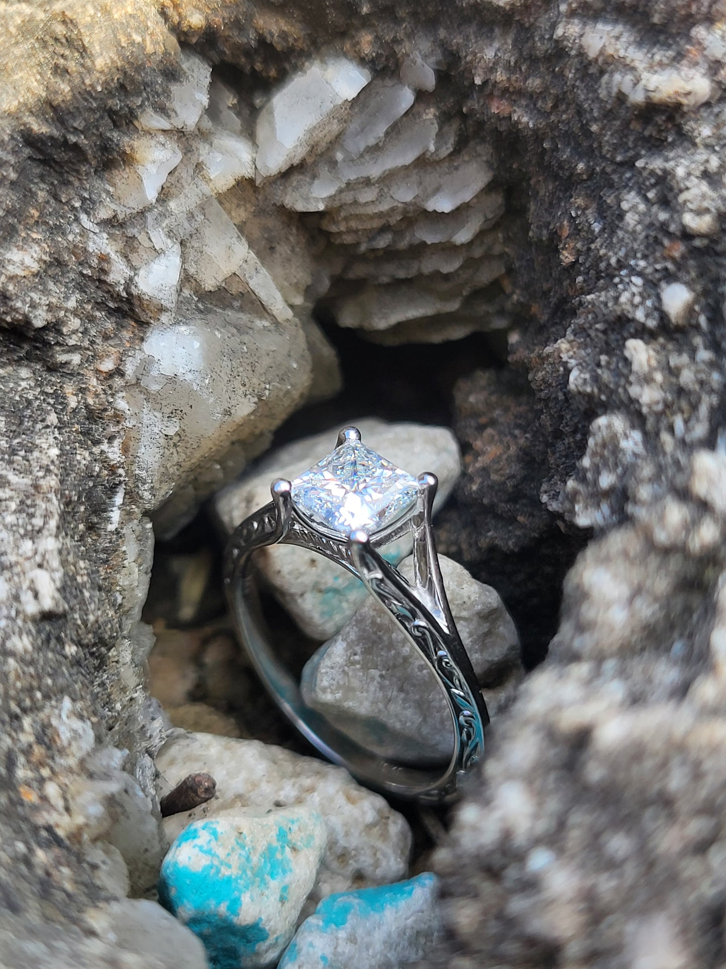 The Chelsea: White Gold or Sterling Silver Scroll-Style Ring With 1ct Princess Cut Moissanite or CZ, Western Engagement Ring, Western Wedding Band, Cowgirl Ring, Rope Detail Engagement Ring