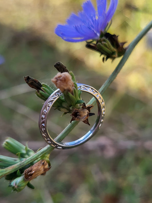 The Cici: White Gold or Platinum Scroll-Style Band, Western Wedding Ring, Western Wedding Band, Cowgirl Ring, Dainty Cowgirl Ring