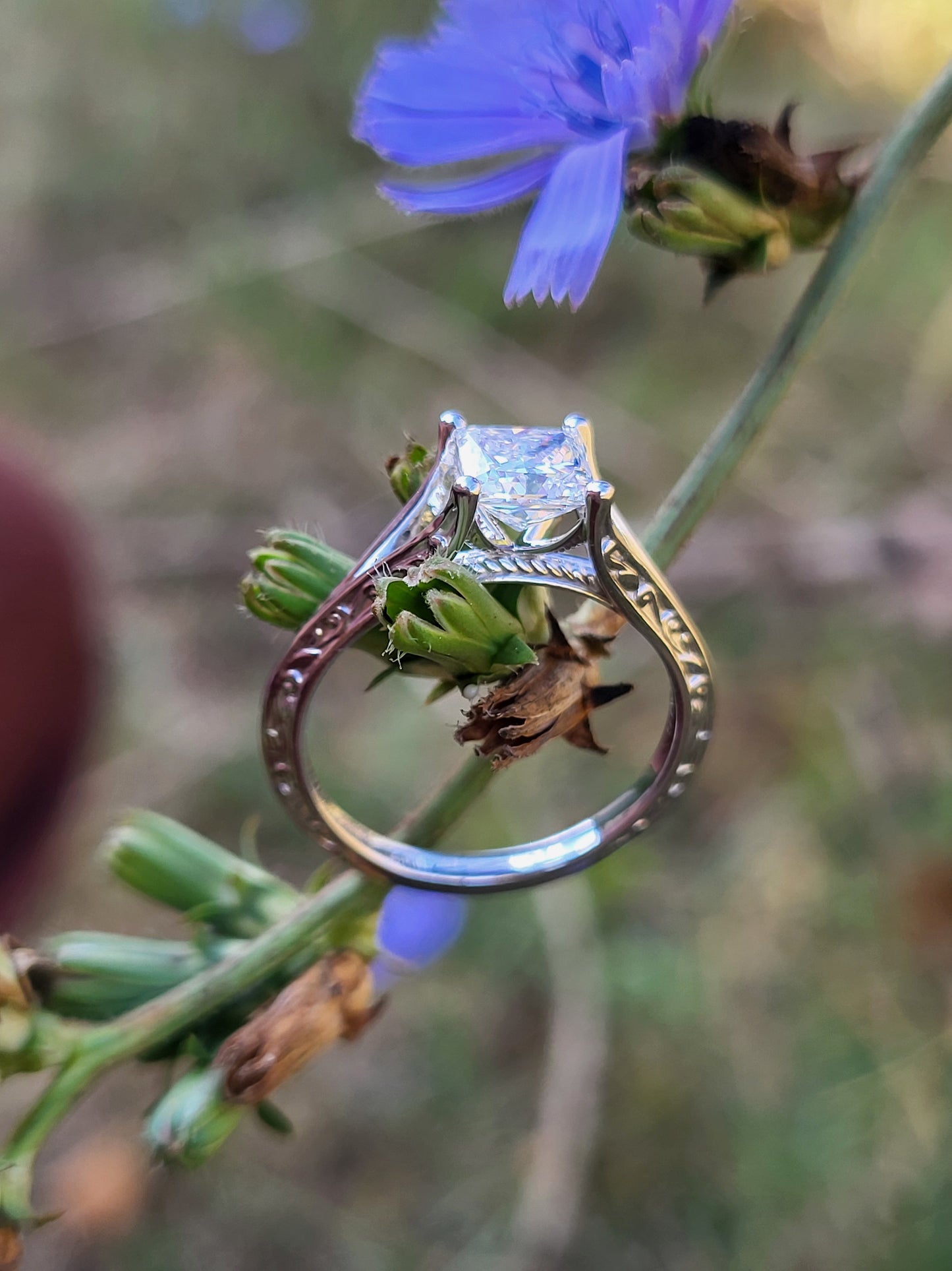 The Chelsea: White Gold or Sterling Silver Scroll-Style Ring With 1ct Princess Cut Moissanite or CZ, Western Engagement Ring, Western Wedding Band, Cowgirl Ring, Rope Detail Engagement Ring