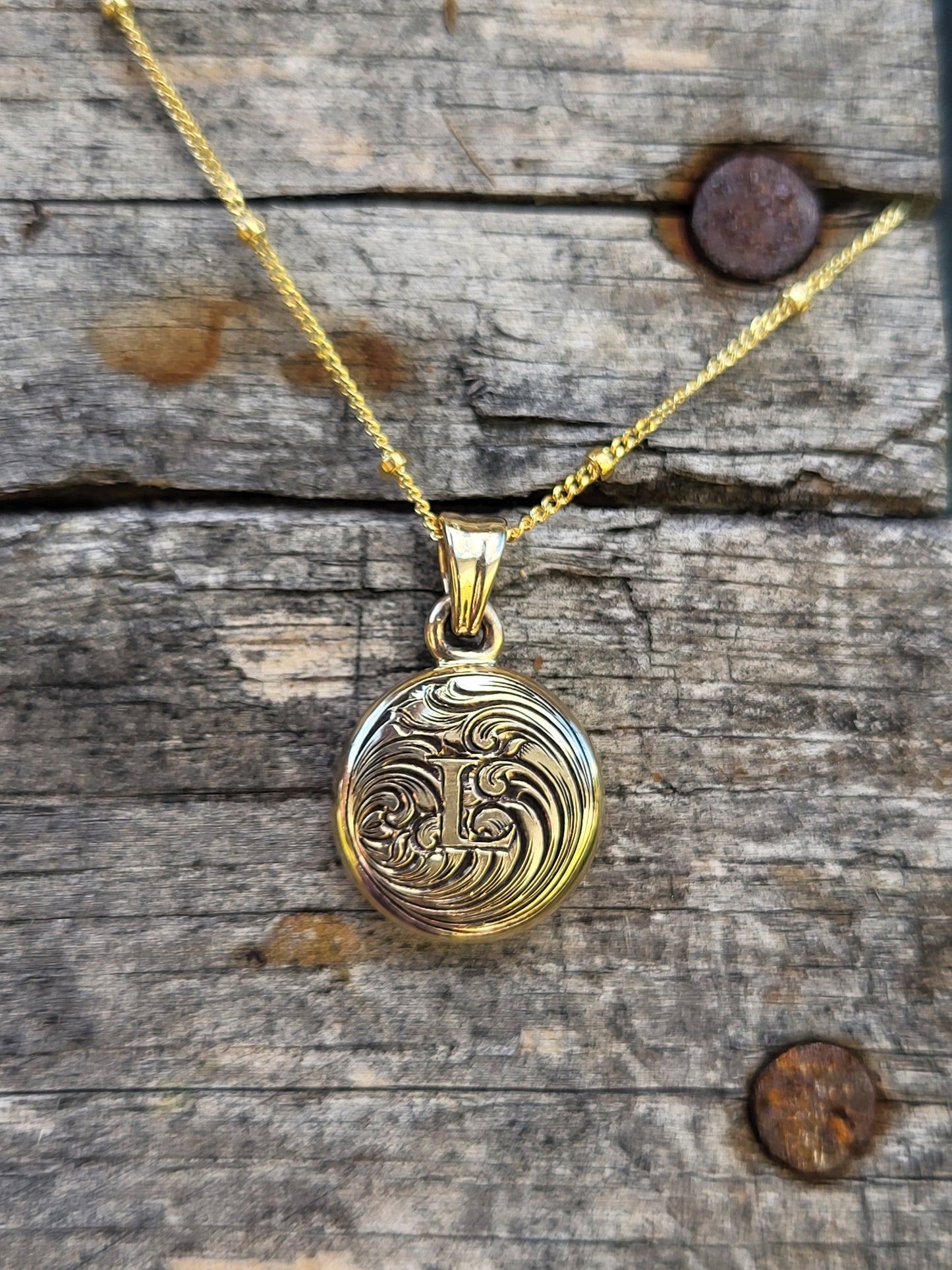 Cowgirl Charm Collection- Charm #1: Simple Initial Pendant, Hand-Engraved Scrollwork Necklace, Cowgirl Gifts, Western Bridal Necklace