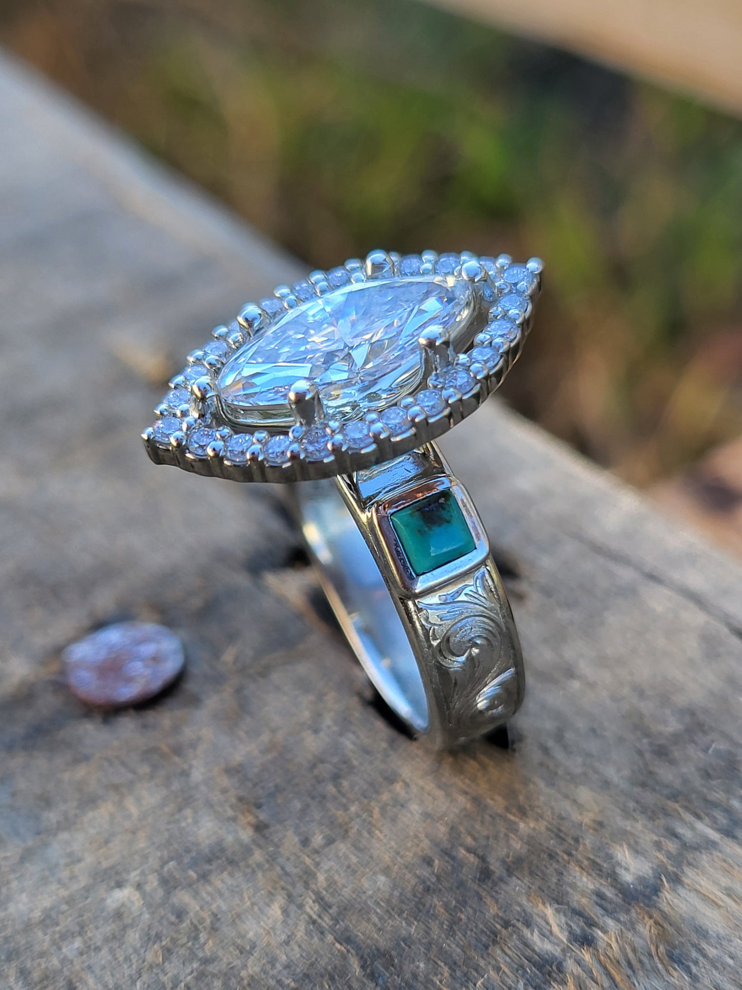 The Sorelle: 2ct+ Marquise Moissanite or Lab Diamond Engagement Ring, Bright Turquoise Accents, Western Engagement Ring with Halo, Cowgirl Engagement Ring