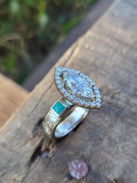 The Sorelle: 2ct+ Marquise Moissanite or Lab Diamond Engagement Ring, Bright Turquoise Accents, Western Engagement Ring with Halo, Cowgirl Engagement Ring