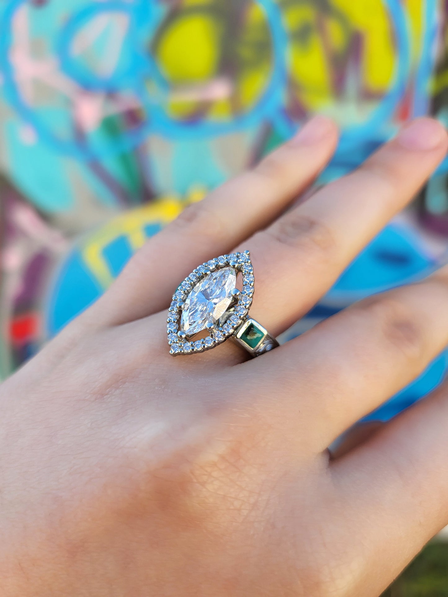 The Sorelle: 2ct+ Marquise Moissanite or Lab Diamond Engagement Ring, Bright Turquoise Accents, Western Engagement Ring with Halo, Cowgirl Engagement Ring