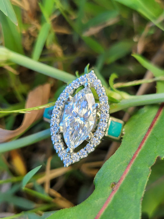 The Sorelle: 2ct+ Marquise Moissanite or Lab Diamond Engagement Ring, Bright Turquoise Accents, Western Engagement Ring with Halo, Cowgirl Engagement Ring