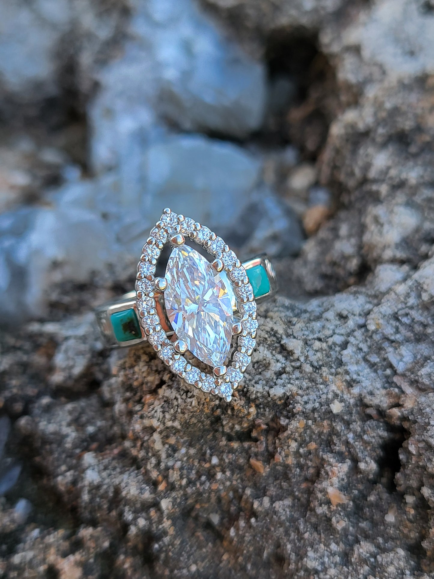 The Sorelle: 2ct+ Marquise Moissanite or Lab Diamond Engagement Ring, Bright Turquoise Accents, Western Engagement Ring with Halo, Cowgirl Engagement Ring
