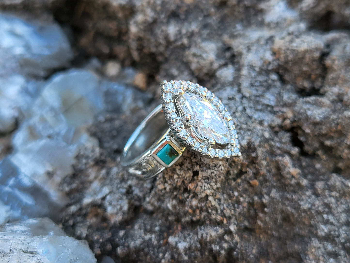 The Sorelle: 2ct+ Marquise Moissanite or Lab Diamond Engagement Ring, Bright Turquoise Accents, Western Engagement Ring with Halo, Cowgirl Engagement Ring