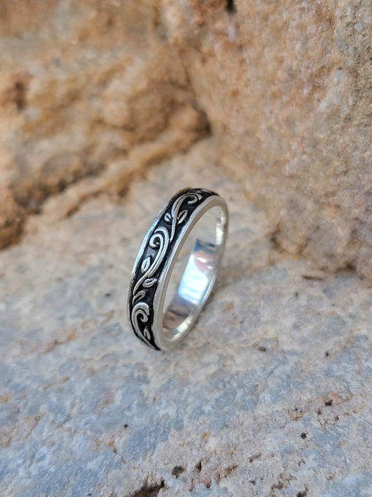 The June: Narrow 4mm White Gold/Platinum/Sterling Silver Band, Western Wedding Band, Cowgirl Wedding Ring, Sculptural Western Wedding Ring