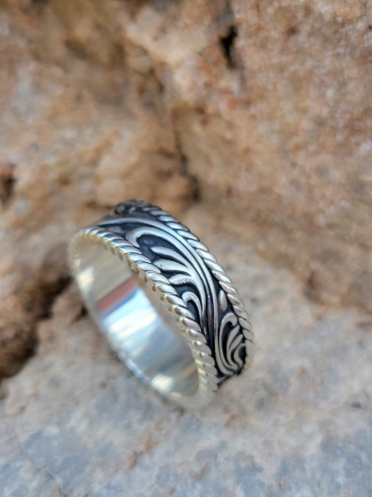 The Johnny: 7mm White Gold/Platinum/Sterling Silver Band, Western Wedding Band, Cowboy Wedding Ring, Sculptural Western Wedding Ring, Rope Edge Band
