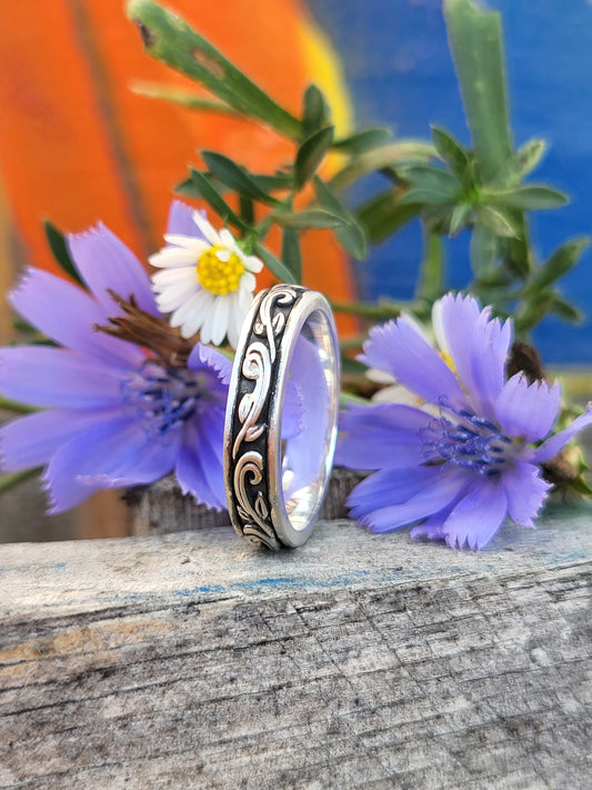 The June: Narrow 4mm White Gold/Platinum/Sterling Silver Band, Western Wedding Band, Cowgirl Wedding Ring, Sculptural Western Wedding Ring