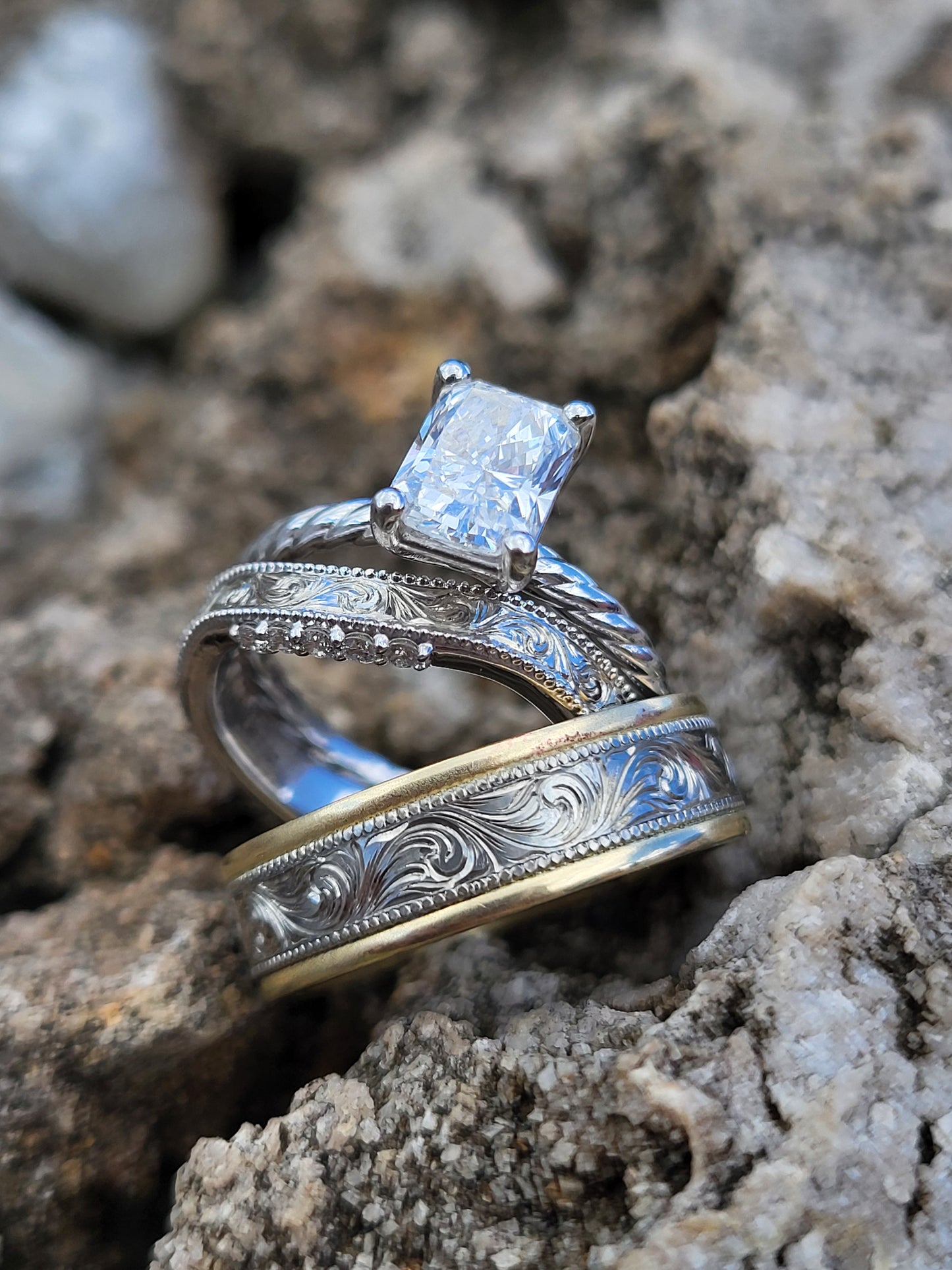 The Savannah: Contour Band with Upraised Milgrain Detail, Hand-Engraved Center, and Diamond Accents, Western Hand-Engraved Wedding Band, Cowgirl Wedding Ring