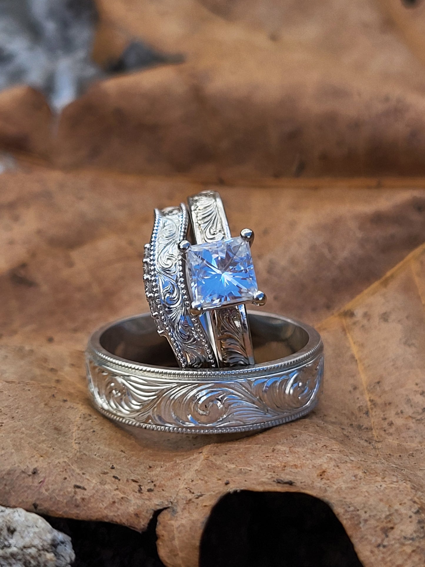 The Savannah: Contour Band with Upraised Milgrain Detail, Hand-Engraved Center, and Diamond Accents, Western Hand-Engraved Wedding Band, Cowgirl Wedding Ring