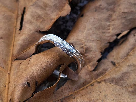 The Savannah: Contour Band with Upraised Milgrain Detail, Hand-Engraved Center, and Diamond Accents, Western Hand-Engraved Wedding Band, Cowgirl Wedding Ring