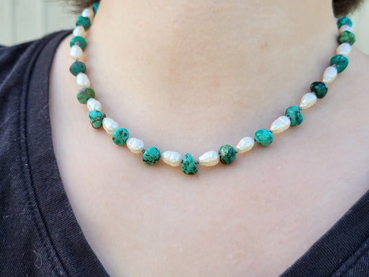 Cowgirl Pearls: Alternating Pearl and Turquoise Necklace, Hand-Knotted Pearl and Turquoise Bead Necklace, Cowgirl Christmas Gift, Western Gift for Her, Cowgirl Bridal Jewelry