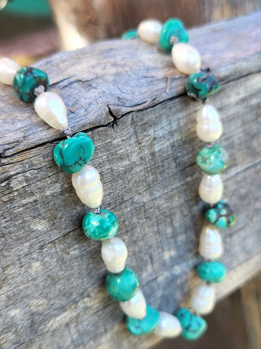 Cowgirl Pearls: Alternating Pearl and Turquoise Necklace, Hand-Knotted Pearl and Turquoise Bead Necklace, Cowgirl Christmas Gift, Western Gift for Her, Cowgirl Bridal Jewelry