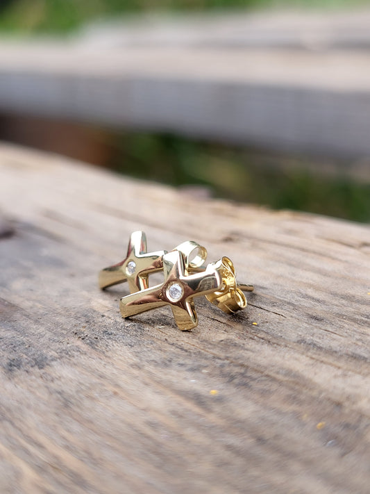 Gus + Loree: Dainty 10K Gold Cross Earrings with Diamonds, Cowgirl Cross Studs, Dainty Cowgirl Jewelry, Western Bridal Jewelry, Cute Solid Gold Cross Studs