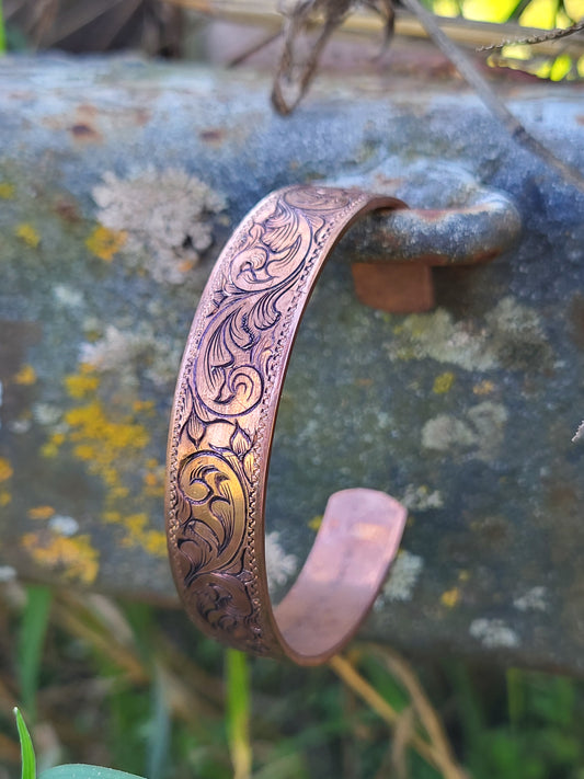 Immediate Ship! Western Hand-Engraved Copper Scrollwork Bracelet, Cuff Style Copper Bracelet, Cowboy Christmas Gifts, Western Gifts, Copper Cuff (Copy)