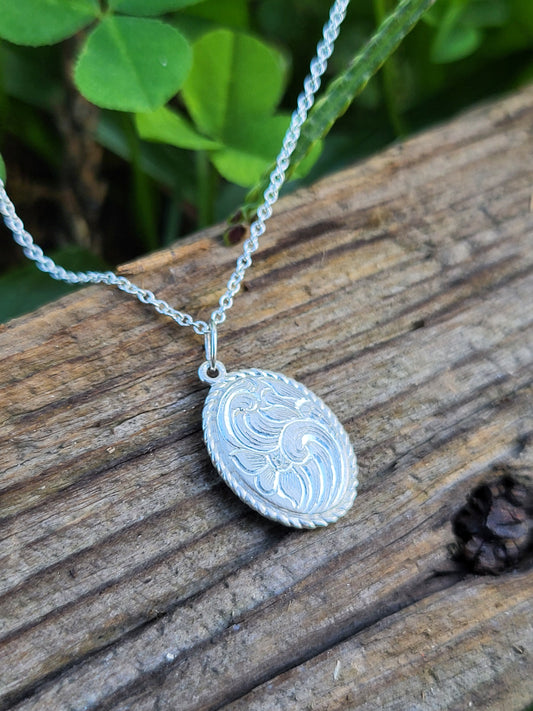 Dainty Hand-Engraved Oval Pendant, Cowgirl Scrollwork Charm, Western Hand-Engraved Jewelry