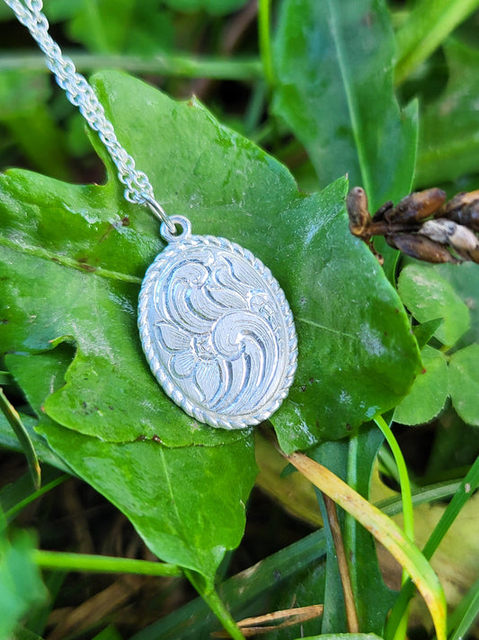Dainty Hand-Engraved Oval Pendant, Cowgirl Scrollwork Charm, Western Hand-Engraved Jewelry