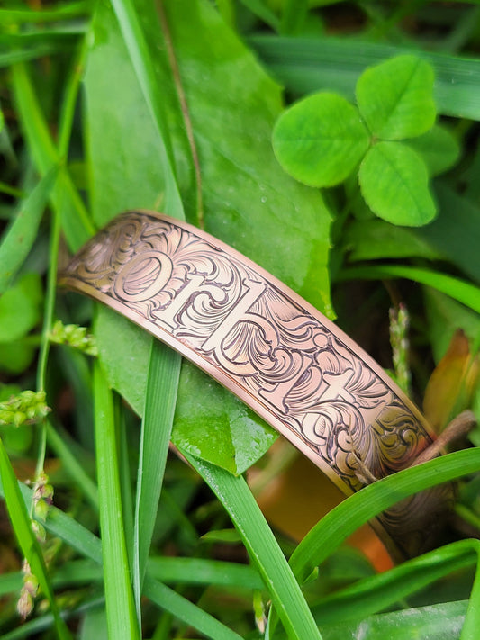Custom Name Hand-Engraved Copper Scrollwork Bracelet, Cuff Style Copper Bracelet, Cowboy Christmas Gifts, Western Gifts, Copper Cuff