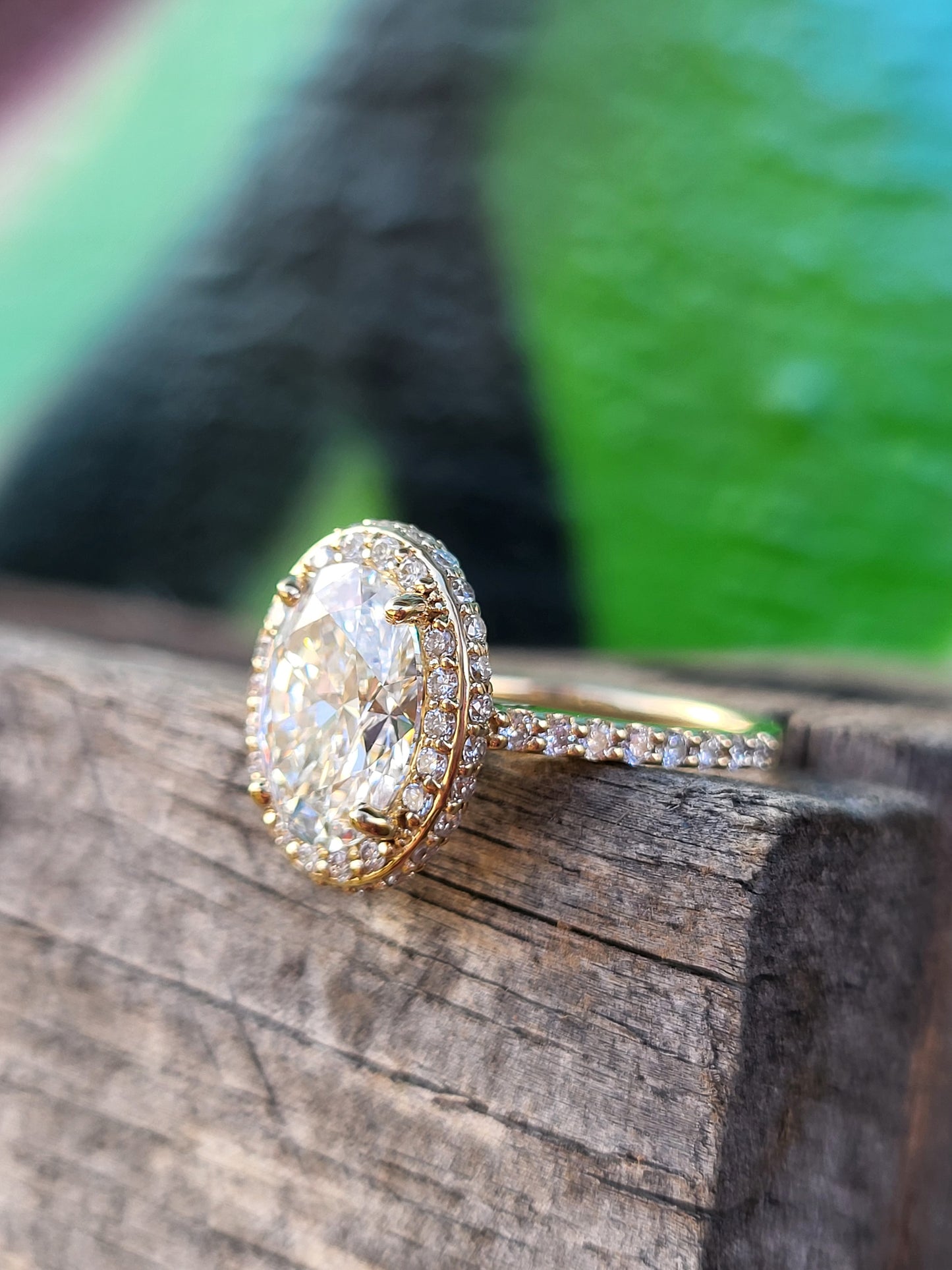 The Shea: 2mm, 3ct Lab Diamond Center Oval Halo Engagement Ring, Stackable Narrow Engagement Ring, Yellow Gold and Diamond Cowgirl Engagement Ring