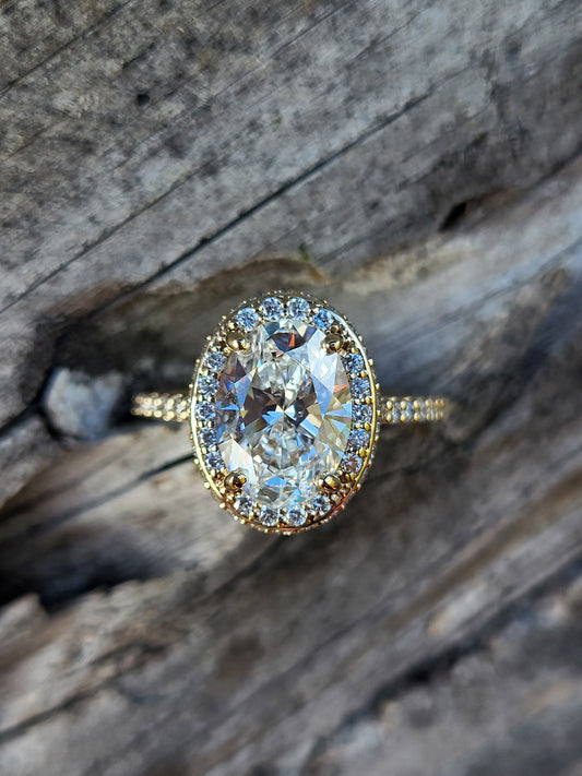The Shea: 2mm, 3ct Lab Diamond Center Oval Halo Engagement Ring, Stackable Narrow Engagement Ring, Yellow Gold and Diamond Cowgirl Engagement Ring
