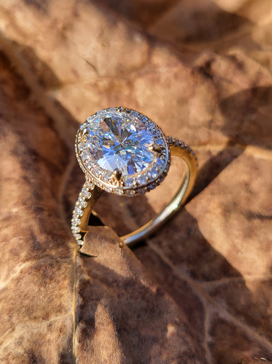 The Shea: 2mm, 3ct Lab Diamond Center Oval Halo Engagement Ring, Stackable Narrow Engagement Ring, Yellow Gold and Diamond Cowgirl Engagement Ring