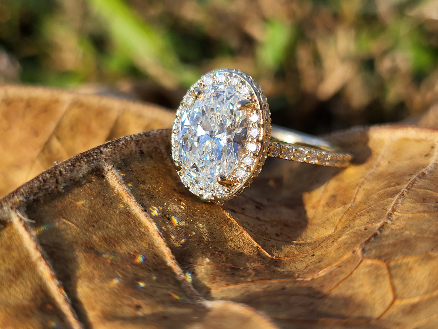 The Shea: 2mm, 3ct Lab Diamond Center Oval Halo Engagement Ring, Stackable Narrow Engagement Ring, Yellow Gold and Diamond Cowgirl Engagement Ring