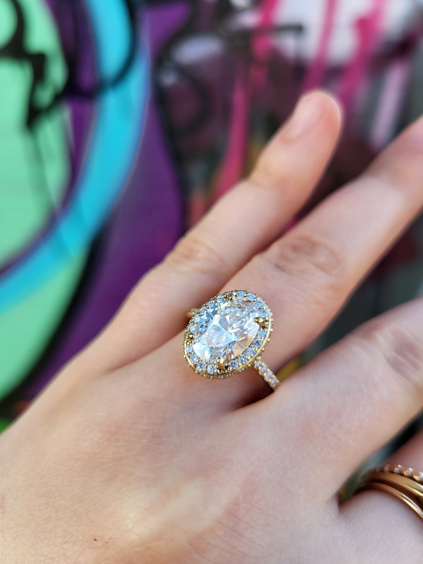 The Shea: 2mm, 3ct Lab Diamond Center Oval Halo Engagement Ring, Stackable Narrow Engagement Ring, Yellow Gold and Diamond Cowgirl Engagement Ring