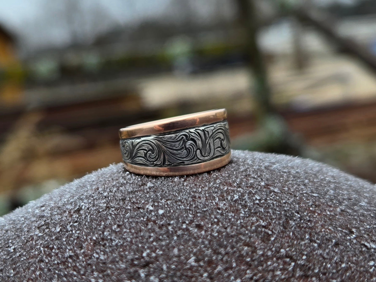 The Josephina: Tapered Chunky White and Rose Gold Women's Western Wedding Band, Custom Engraved Initial, Hand-Engraved Cowboy Wedding Ring, Men's Engraved Wedding Band, 10mm Wedding Band for Her, Two-tone Chunky Women's Band