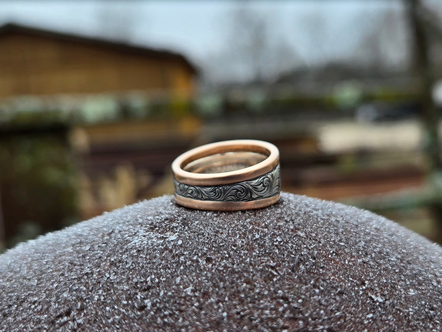 The Josephina: Tapered Chunky White and Rose Gold Women's Western Wedding Band, Custom Engraved Initial, Hand-Engraved Cowboy Wedding Ring, Men's Engraved Wedding Band, 10mm Wedding Band for Her, Two-tone Chunky Women's Band