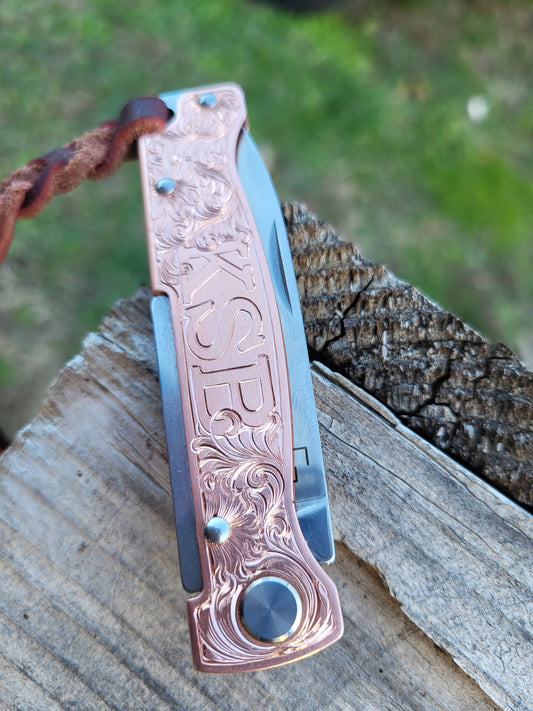 Personalized Hand-Engraved Copper Boker Pocket Knife with Custom Initials or Brand, Western Gifts for Him, Cowboy Gifts, Hand-Engraved Knife, Hand Tooled Knife