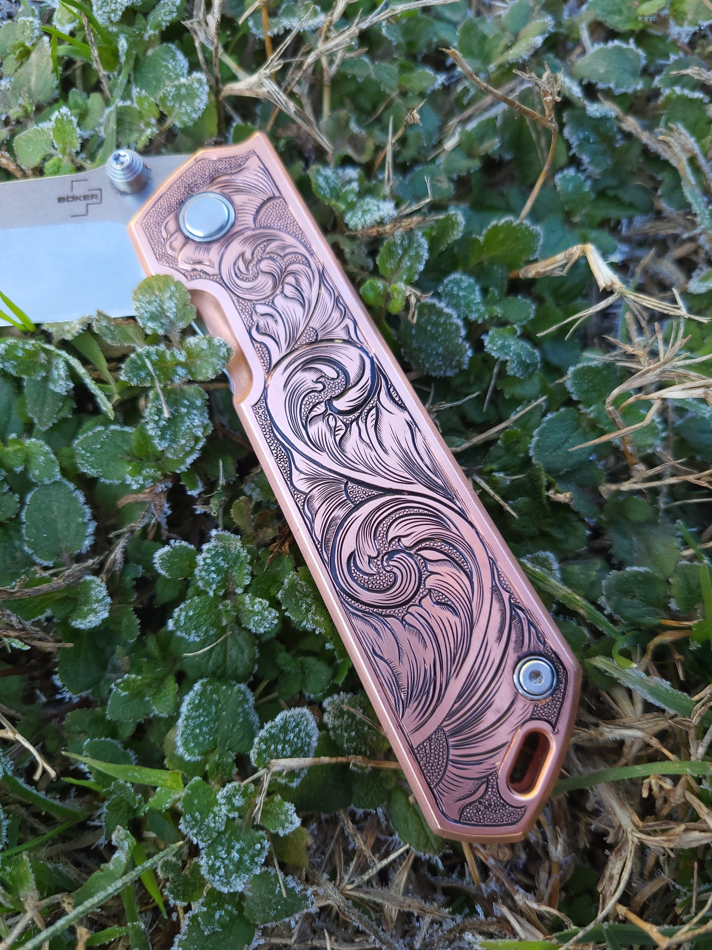 Scrollwork Hand-Engraved Copper Boker Pocket Knife, Western Gifts for Him, Cowboy Gifts, Hand-Engraved Knife, Hand Tooled Knife