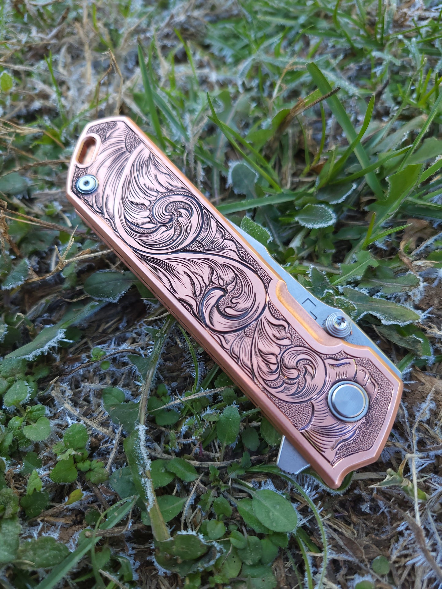 Scrollwork Hand-Engraved Copper Boker Pocket Knife, Western Gifts for Him, Cowboy Gifts, Hand-Engraved Knife, Hand Tooled Knife