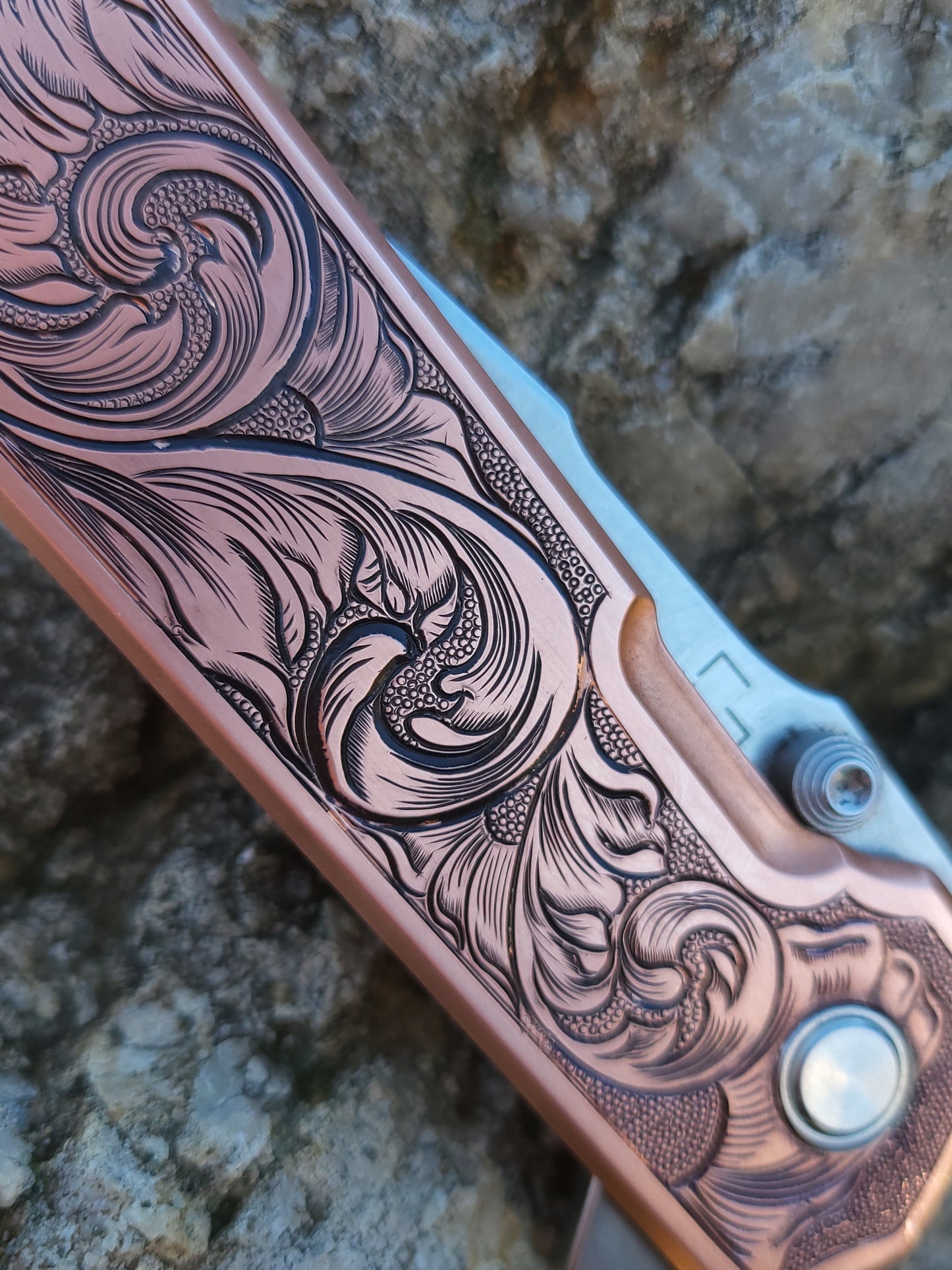 Scrollwork Hand-Engraved Copper Boker Pocket Knife, Western Gifts for Him, Cowboy Gifts, Hand-Engraved Knife, Hand Tooled Knife